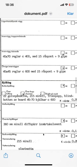 Skärmdump av en PDF-fil med byggtekniska specifikationer för väggar och bjälklag på en smartphone.