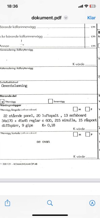 Skärmdump av PDF-dokument med byggnadsdetaljer och konstruktionsspecifikationer på en smartphone, menyn och statusindikatorer synliga.