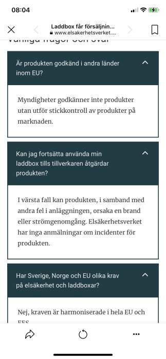 Skärmdump av webbsida med frågor och svar om laddboxar och elsäkerhet, till synes från den svenska myndigheten Elsäkerhetsverkets hemsida.