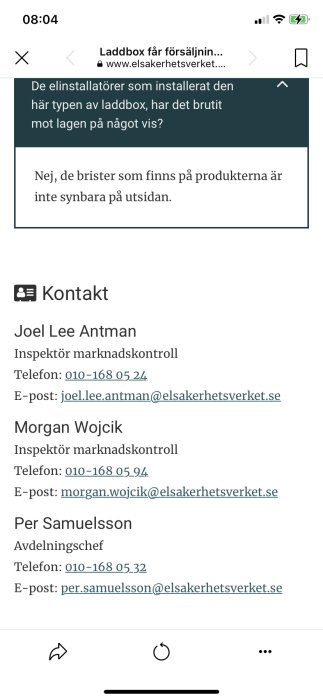 Skärmdump av hemsida, innehåller text, kontaktinformation till myndighetspersonal.