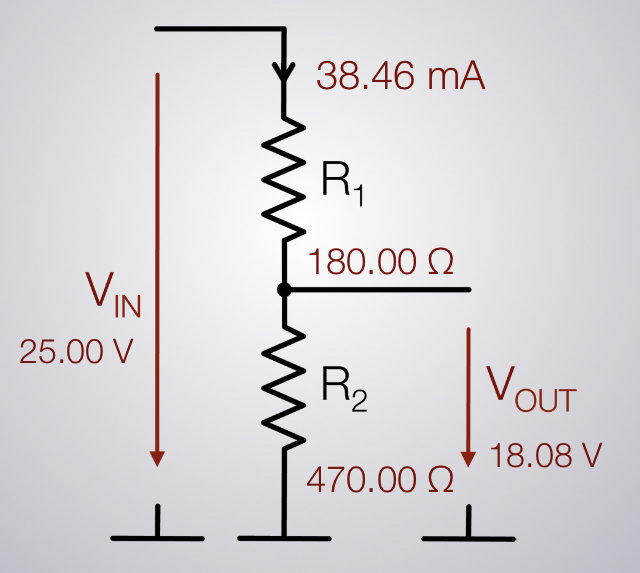 Elektriskt kretsdiagram, spänningsdelare, resistorer i serie, angivna spänningar och ström.