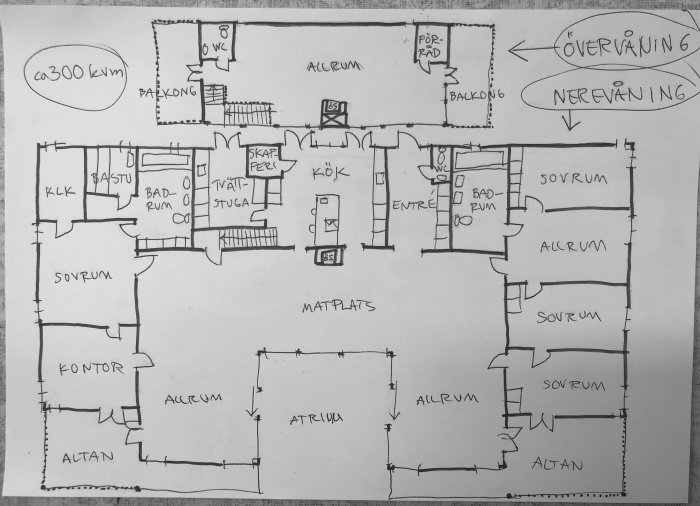 Handritad planritning av ett hus, markerat med rum och funktioner, cirka 300 kvadratmeter, två våningar.