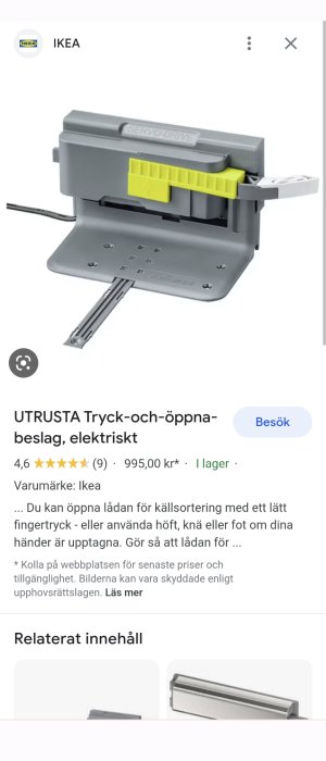 Elektriskt tryck-och-öppna-beslag för lådor från IKEA, grått och gult, SERVO-DRIVE, produktinformation online.