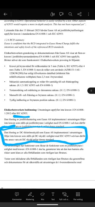 Dokument på svenska om elsäkerhet, granskning, och brister i standarduppfyllnad EN 61008-1 IEC 62955.