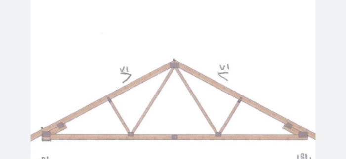 Diagram av takstol i trä, konstruktion med mått och vinkelpilar, ingen färg, vit bakgrund.