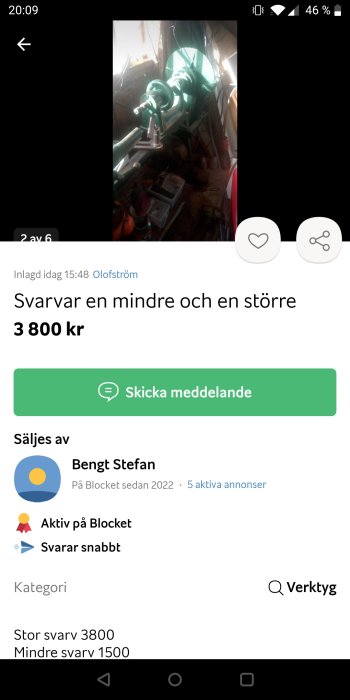 En skärmdump av en Blocket-annons som visar en svarv till salu.