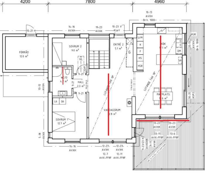 Arkitektritning av en lägenhetsplan, visar rumsuppdelning och mått.