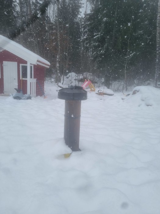 En röd stuga i bakgrunden, snöfall, en brunn med lock, och leksaker i en snötäckt trädgård.