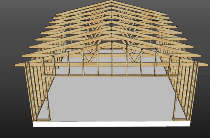 3D-modell av trästomme för byggnad, takstolar och väggstolpar, ingen textur, grå bakgrund.