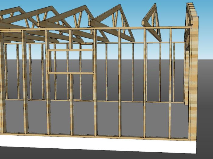 3D-modell av trästomme för byggnad, väggkonstruktion och takstolar, ingen textur, konstruktionsdesign, CAD-rendering.