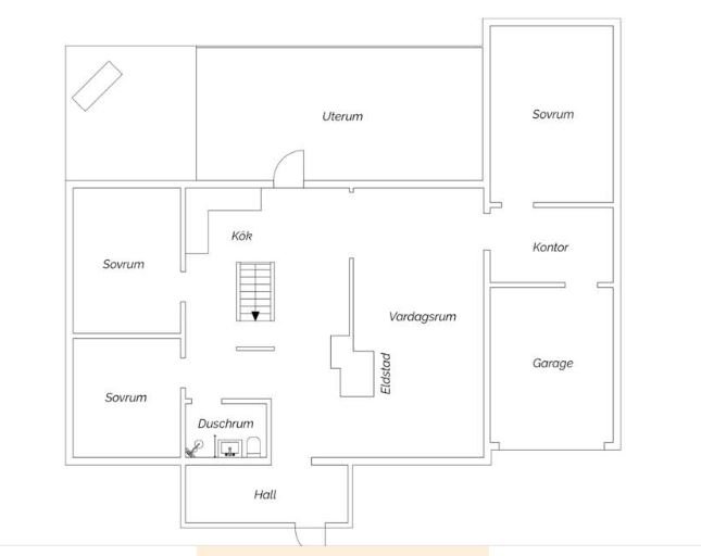 Schematisk planritning av en bostad med etiketterade rum inklusive sovrum, kök, vardagsrum och garage.