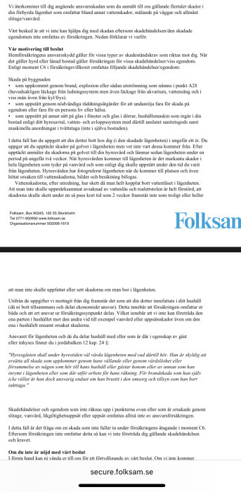 Textdokument från försäkringsbolaget Folksam om skadeanmälan, avslag på ansvar, vattenskador och rättsliga aspekter.