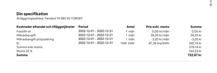 Elräkning på svenska med specifikation av elhandel och tilläggstjänster, inklusive momsberäkning och totalt belopp.