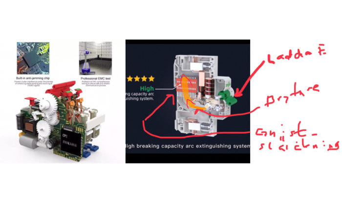 Elektronisk apparat, markeringar, texter, anti-jamming chip, EMC-test, hög kapacitetsbågbromsande system, teknisk bildillustration.