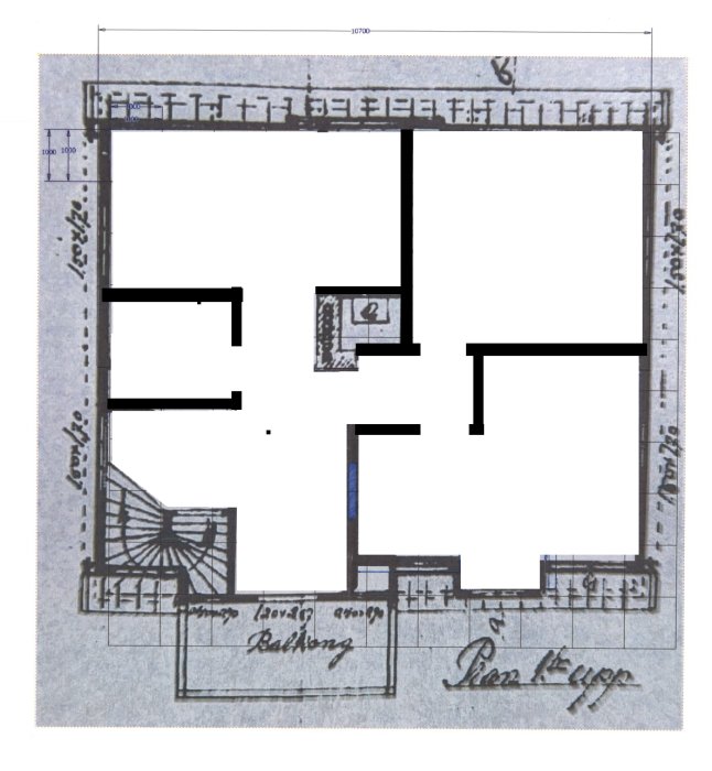 Arkitektonisk ritning eller planlösning, handritad, skala och mått angivna, inkluderar byggnadsdetaljer, möjligtvis historisk eller äldre stil.