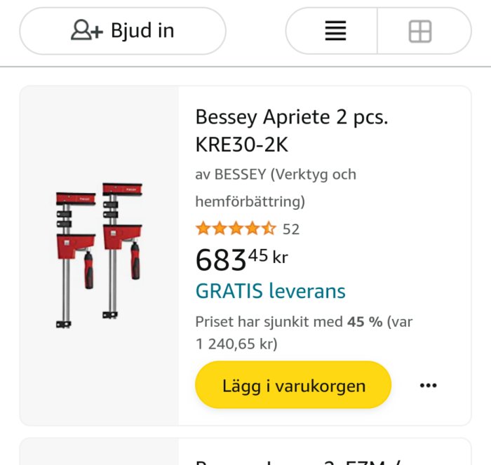 Två röda Bessey skruvstycken, reklam, pris, rabatt, recensioner, köpknapp, gratis leverans.