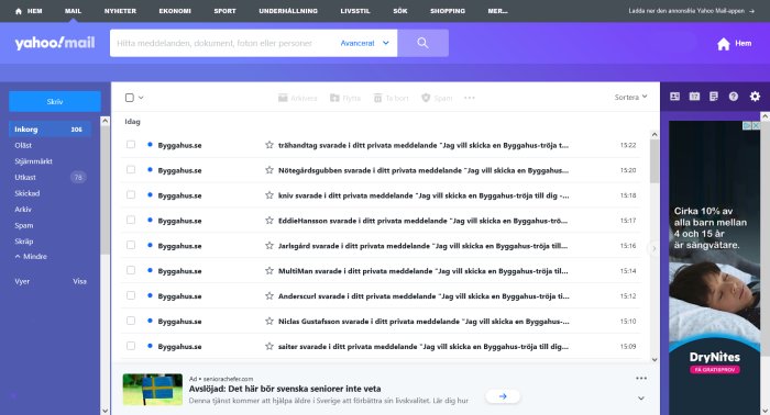 Skärmdump av Yahoo Mail-inkorg med många olästa e-postmeddelanden från samma avsändare, annonser och navigeringsmeny.