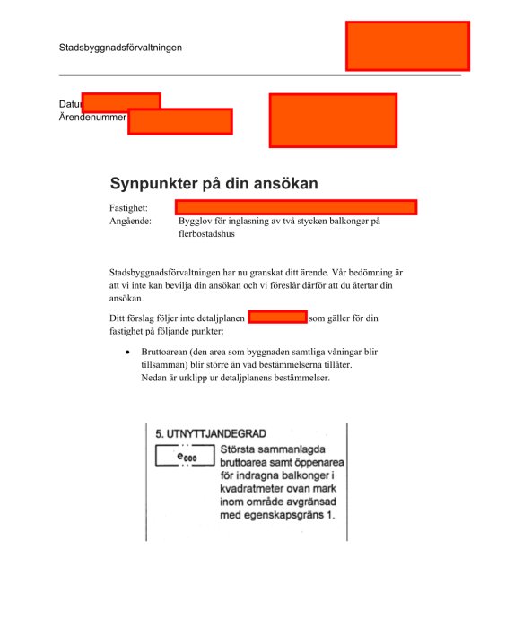 Svenskt dokument, avslag bygglovsansökan, synpunkter, detaljplan, bruttoarea, rekommendation om återansökan, rödmarkerade konfidentiella delar.