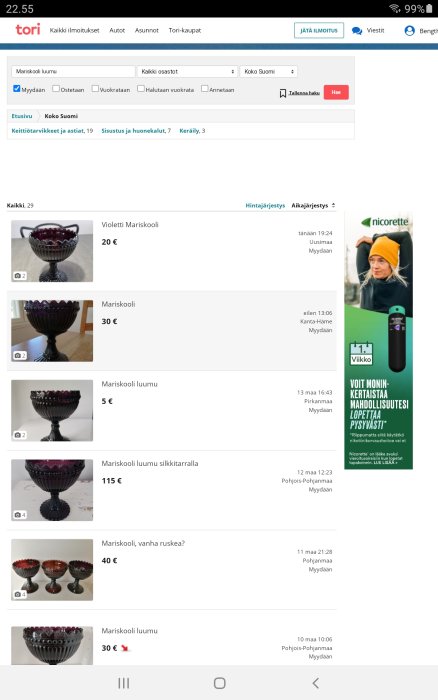 Skärmdump från webbplatsen "tori.fi" visar annonser för Mariskool-skålar till salu.