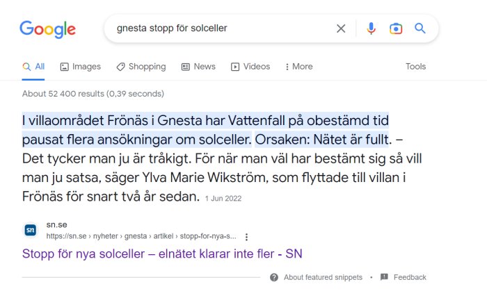 Sökmotorresultat. Google-sökning på "gnesta stopp för solceller". Artikelutdrag om Vattenfall och solcellsansökningar i Gnesta.