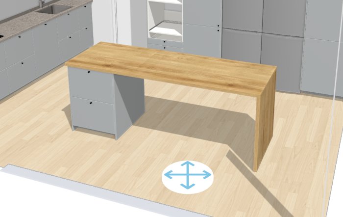 Modernt köksdesign, träbänkskiva, gråa skåp, minimalism, 3D-rendering, visning i första person, rörelsesymbol på golvet.