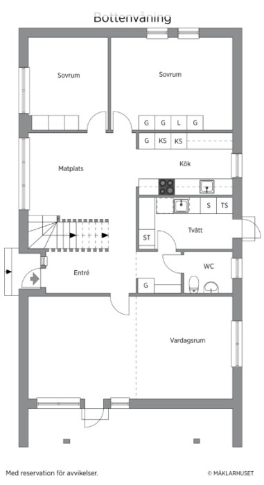 Ritning av en bottenvåning med kök, vardagsrum, två sovrum, matplats, tvättstuga, och WC.