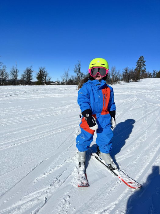 En person i skidutrustning står på snötäckt backe under klarblå himmel.