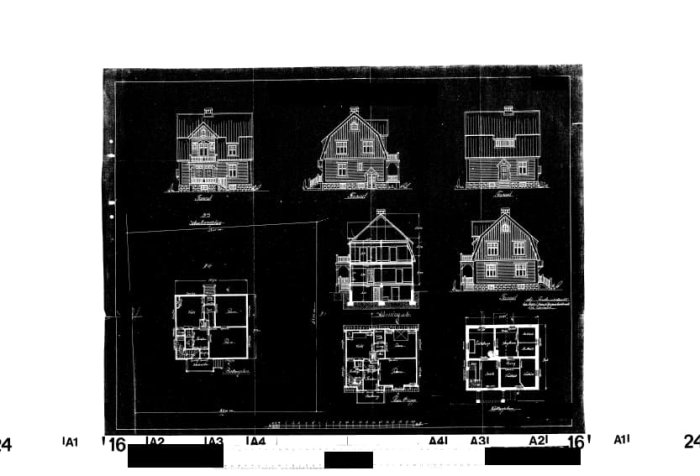 Svartvit bild av ritningar, olika vyer av ett hus, fasader och planlösningar.