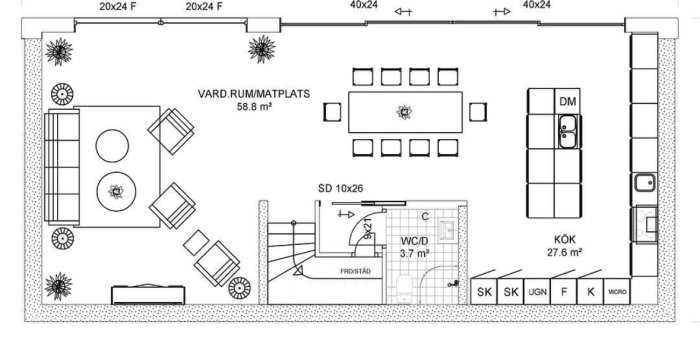 Planritning av en lägenhet med vardagsrum, kök, toalett och detaljerad möblering.