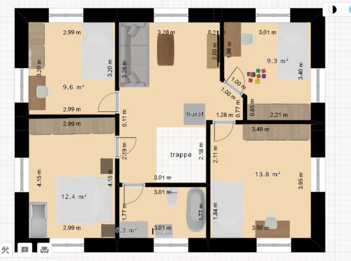 Arkitektonisk planritning av en våning med möblerade rum och dimensioner.