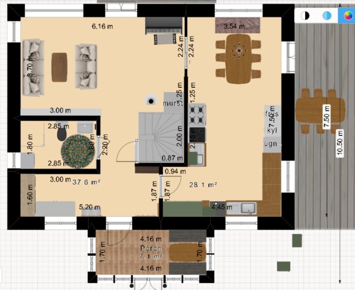 Det är en planritning av en lägenhet med möbler, mått och areaangivelser.