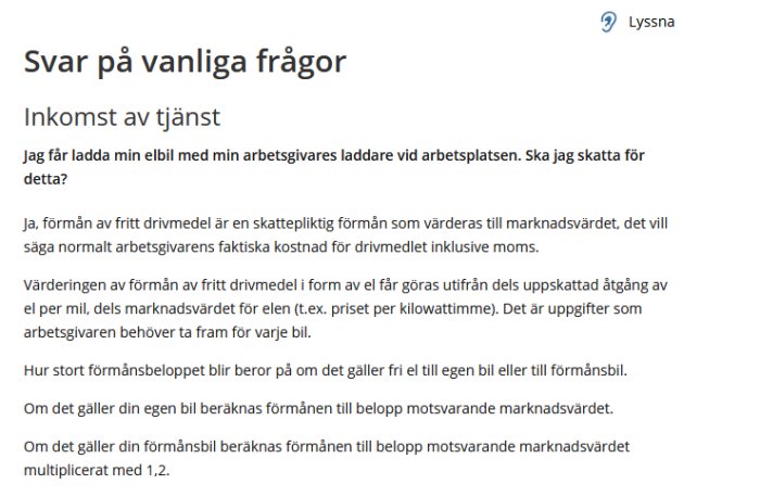 Skärmdump av FAQ-sektion, fråga om beskattning av elbils laddning via arbetsgivarens laddare.