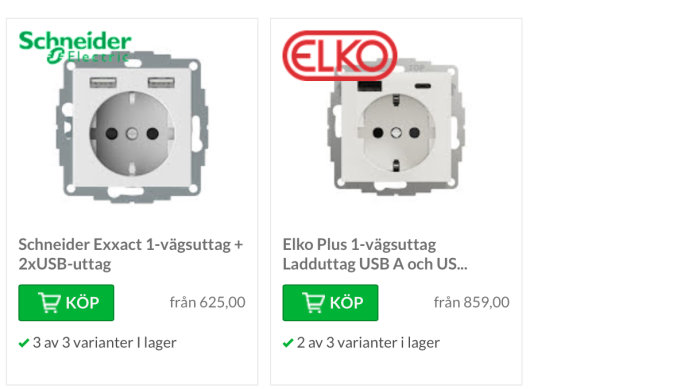 Två vägguttag av märkena Schneider och Elko, med USB-portar, produktbilder och priser i svenska kronor.