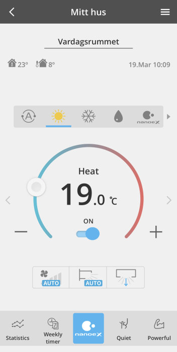 Smartphone-app för styrning av rumstemperatur, visar 19 grader, väder, husikoner, funktioner för värmestyrning.