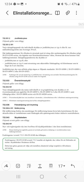 Skärmavbild av dokument om elektriska installationsregler, mobilgränssnitt, Svenska standarder, jordfelsbrytare, överströmsskydd.