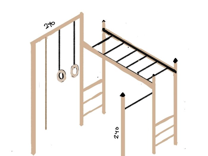 Ritning av gymnastikredskap med ringar, stege och klätterställning, beigefärgad mot vit bakgrund.