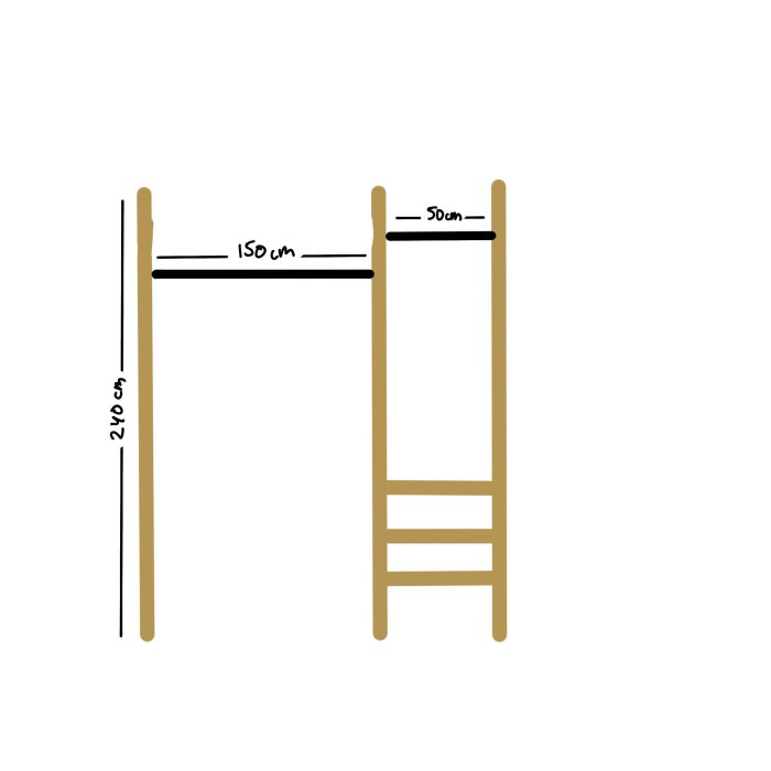 Enkel illustration av en stege och horisontella ribbor med angivna mått: 240 cm, 150 cm och 50 cm.