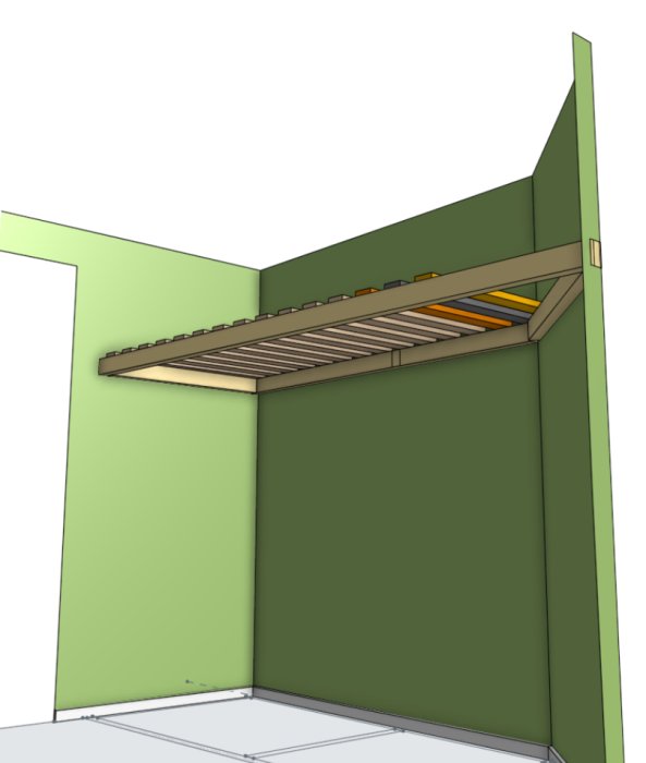 3D-rendering av ett grönt rum med inbyggd trähylla i hörnet.