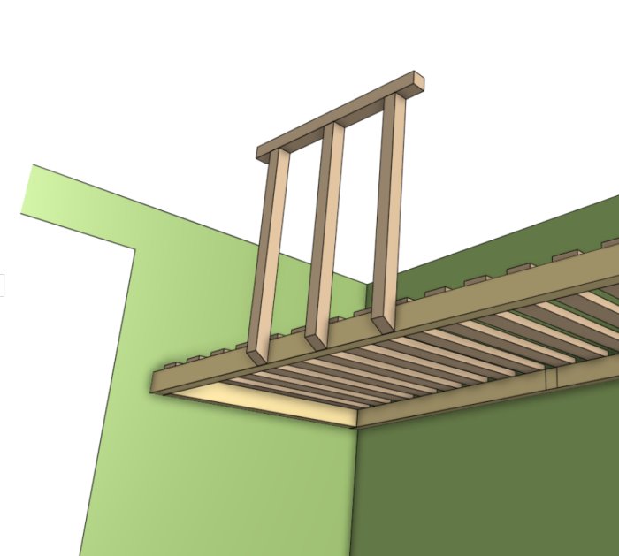 3D-modell av en konstruktion, träbjälklag och pelare, delvis byggt.