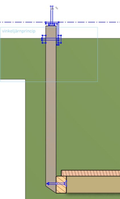 Teknisk ritning eller schema av konstruktion med pelare, balk och vinkeljärnsförbindelse.