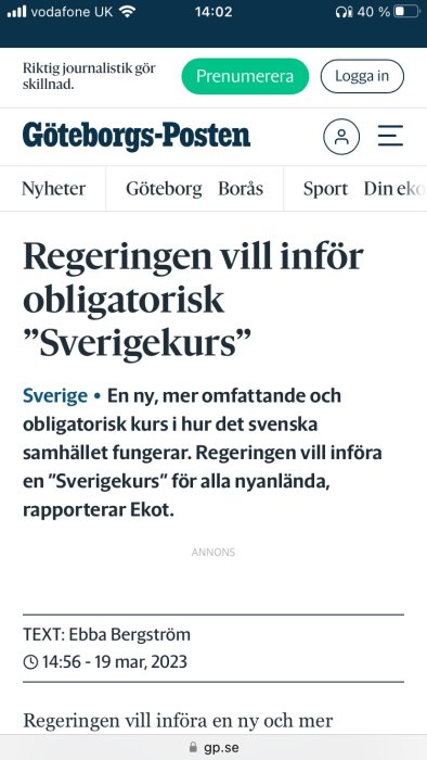 Webbsida visar artikel från Göteborgs-Posten, regeringens plan för "Sverigekurs" för nyanlända, 19 mars 2023.