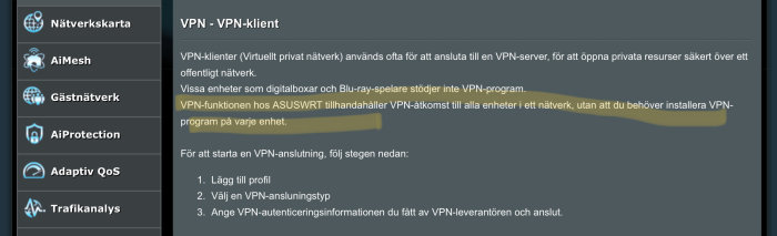 Skärmdump av nätverksinställningar som visar VPN-klient information och instruktioner på svenska.