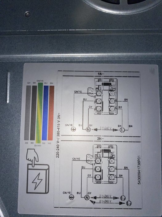 Elektrisk klistermärke med färgkoder, scheman över anslutningar för olika strömsystem.