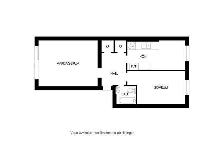 Enkel planskiss av lägenhet med vardagsrum, kök, sovrum, hall och badrum.