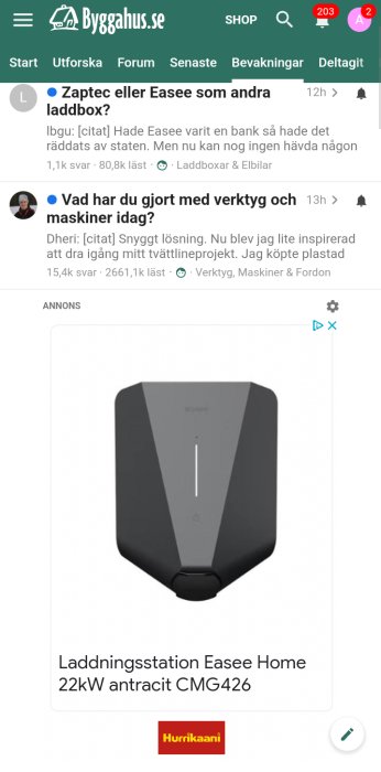 En skärmdump från en forumtråd med diskussioner och annonser, inklusive bild på en laddningsstation för elfordon.