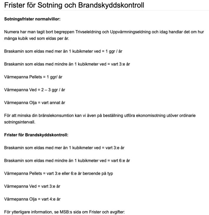 Textdokument om regler och intervaller för sotning och brandskyddskontroll av olika värmesystem.