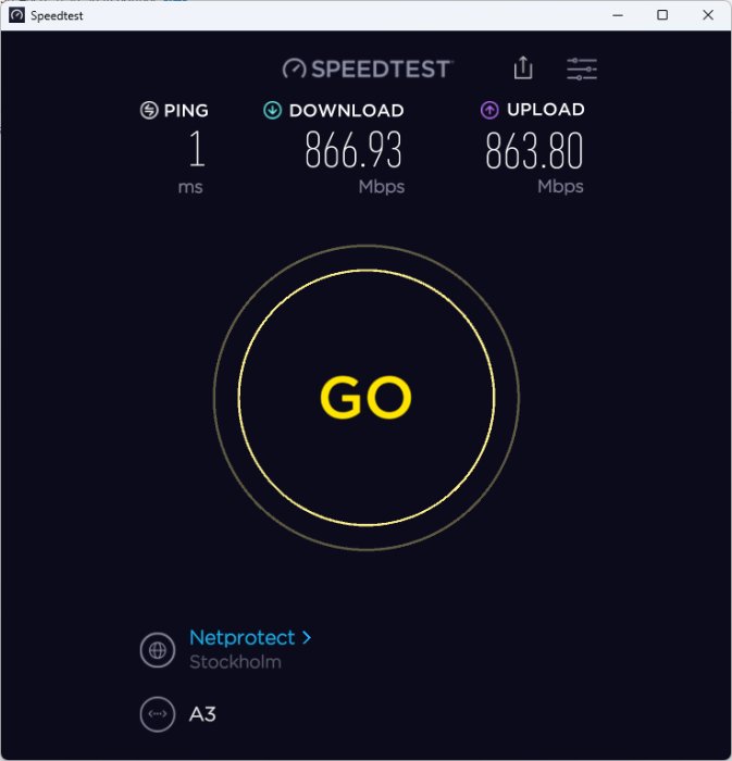 Speedtest-resultat, ping 1 ms, nedladdning 866.93 Mbps, uppladdning 863.80 Mbps, Stockholm, knapp märkt 'GO'.