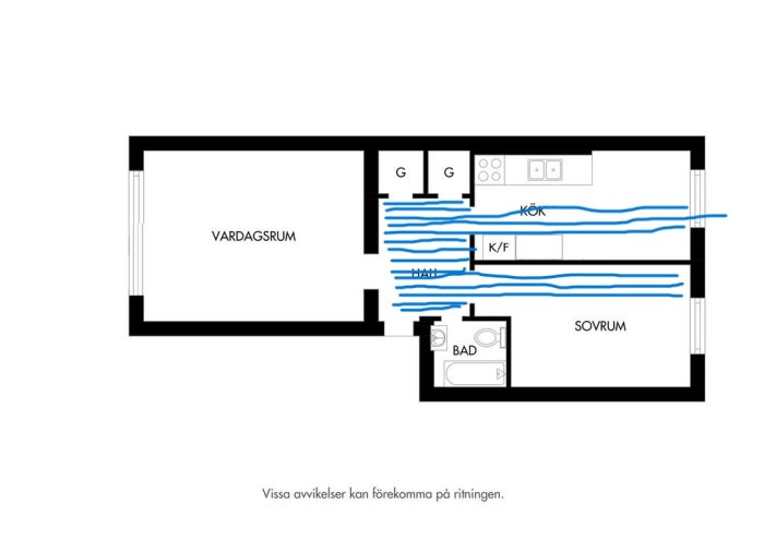 Ritning av en lägenhet med vardagsrum, kök, sovrum och badrum. Enkel, schematisk och stilren design.