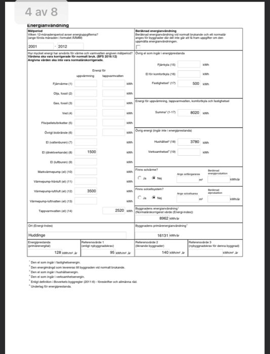 Svensk blankett för energianvändning med värden för uppvärmning, tappvärme, och elanvändning. Avsnitt inkluderar energikällor och beräkningar.