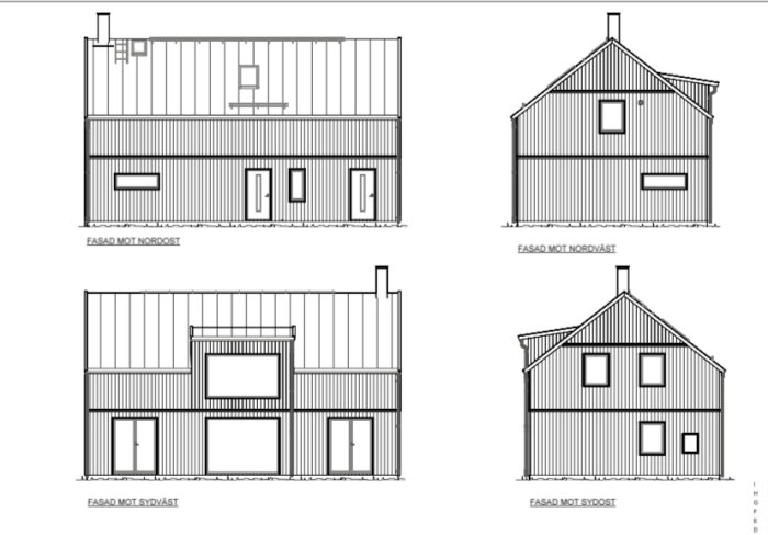 Arkitektoniska ritningar av ett hus från fyra olika väderstreck: nordost, nordväst, sydväst och sydost.